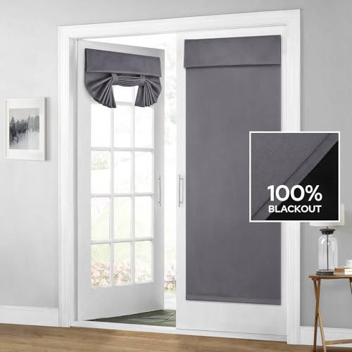 Homeideas 100% Blackout French Door Curtains, Privacy Door Curtains For Door Window, 26 X 68 Inch Room Darkening Curtains, Thermal Insulated Door Window Shades For Bedroom, (1 Panel, Grey)